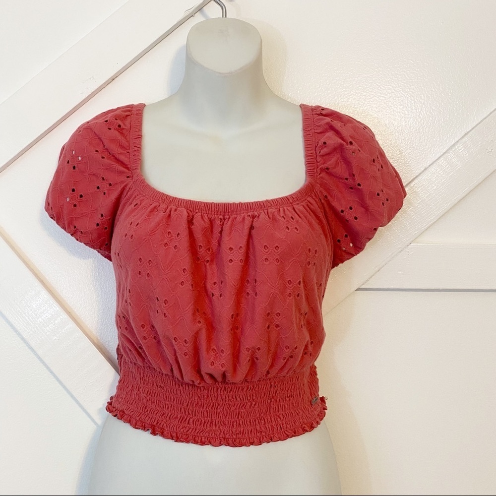 Hollister Square Neck Smocked Eyelet Top Pink Sz M